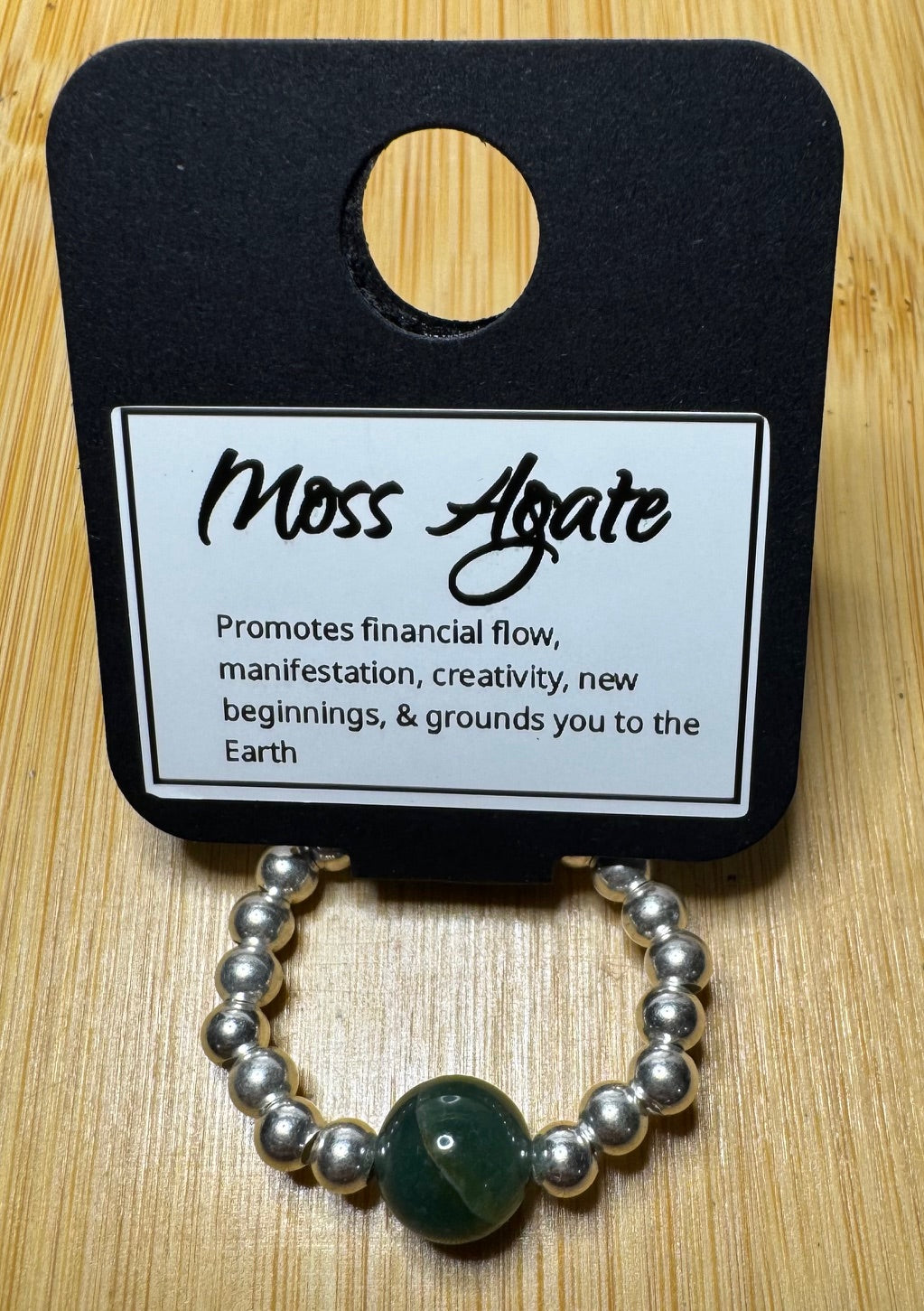 Moss Agate (8mm bead) T Ring Size 9