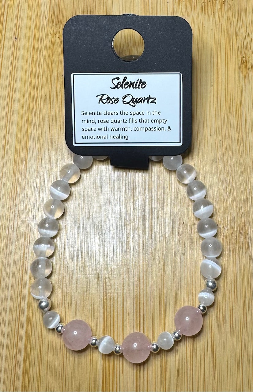 Selenite and Rose Quartz 7 inch Bracelet